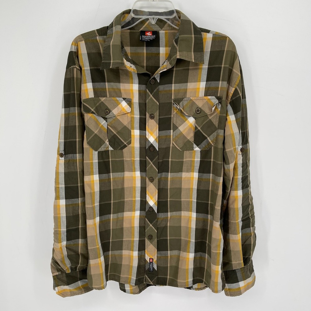 Southpole Men's Green Plaid Long Sleeve Utility Button Up Shirt Size XL